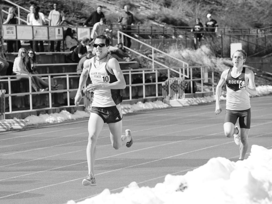 Mark Wilcox finishes the 1500 meter run in first place with a time of 4:06:00 during the Spring Open track meet, March 29, 2014, at Black Hills State University’s Lyle Hare Stadium.