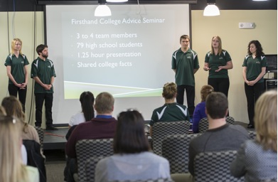 Students in Enactus present their projects to an audience at BHSU’s Club Buzz, March 26, 2014 in preparation for their presentation at the Enactus United States National Exposition in Cincinnati, Ohio,  in April 2014. Pictured from left: Sarah Coomees, business administration major ; Jesus Ramos, mass communication major; Justin Bachelor, biology major; Katrina Schrader, business administration major ; and Ann Wilken, business administration major..