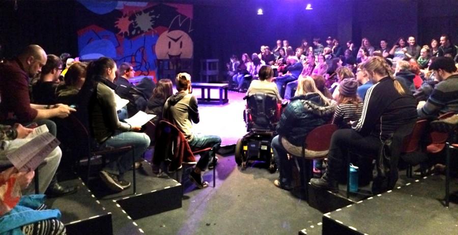 Audience members await the beginning of “Dog Sees God: Confessions of a Teenage Blockhead” in the Blackbox Theater in Pangburn hall Feb. 21.