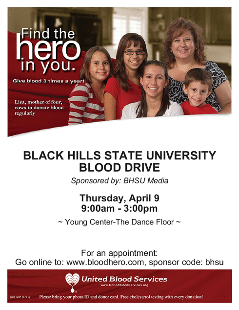 BHSU Media is Hosting a United Blood Services' Blood Drive April 9th