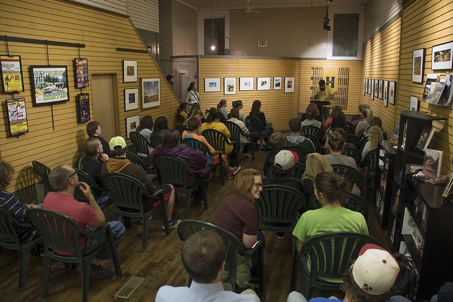 Brady Lint recites his piece of work at the Poetry Slam at the Jacket Zone on Thursday evening in downtown Spearfish.