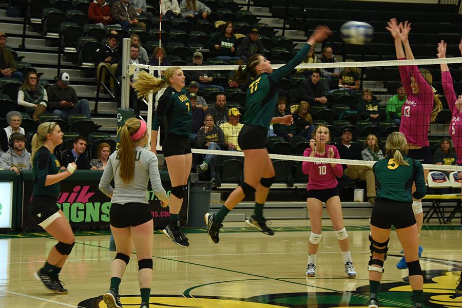 Danille Torpey spikes the volleyball against Fort Lewis. The Yellow Jackets went on to win the series Oct. 23 at the Young Center.