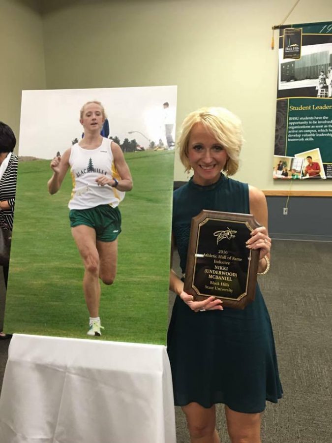 2016 Black Hills State University Athletic Hall of Fame inductee, Nikki McDaniel, accepts her award Sept. 30 in Spearfish