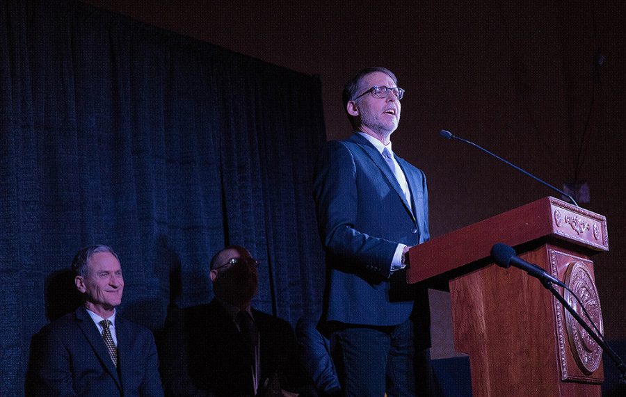 Steve Babbitt gives acceptance speech for outstanding service in arts education at the governors Award February 15 in Pierre South Dakota.