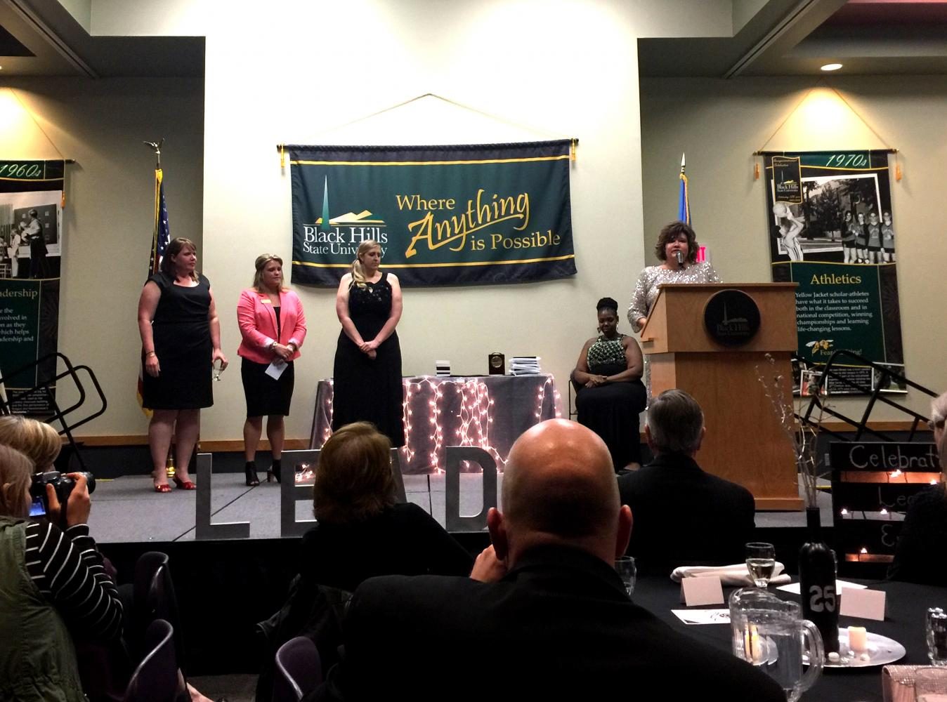 Dr. Jane Klug addresses the audience after several student testimonies from alumni Megan VonHaden, Lorrin Naasz and student Jessie Gramm about Jane’s impact in students’ lives.