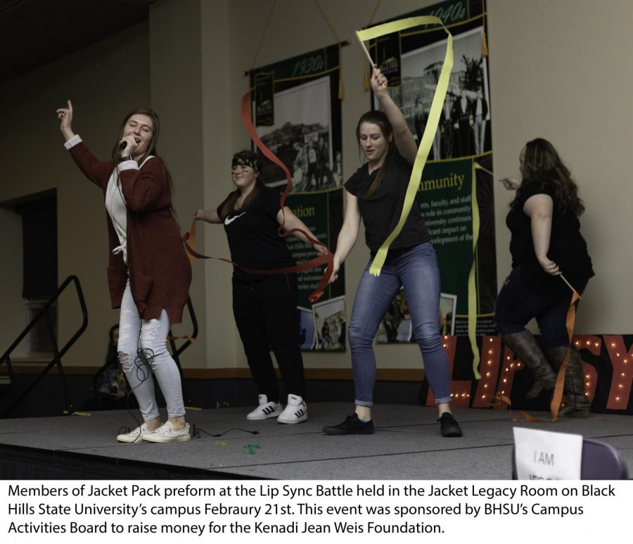 Members of Jacket Pack preform at the Lip Sync Battle in the Jacket Legacy Room on Black Hills State University’s campus February 21st. The event was sponsored by BHSU’s Campus Activity Board to raise money for the Kenadi Jean Weis Foundation.