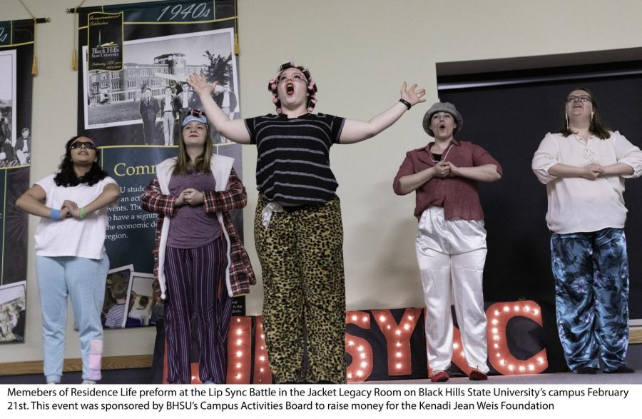 Members of Residence Life preform at the Lip Sync Battle in the Jacket Legacy Room on Black Hills State University’s campus February 21st. The event was sponsored by BHSU’s Campus Activity Board to raise money for the Kenadi Jean Weis Foundation.