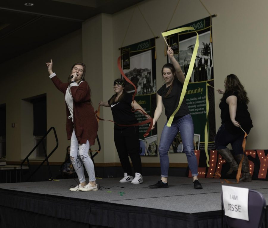 Members of Jacket Pack preform at the Lip Sync Battle in the Jacket Legacy Room on Black Hills State University’s campus February 21st. The event was sponsored by BHSU’s Campus Activity Board to raise money for the Kenadi Jean Weis Foundation.