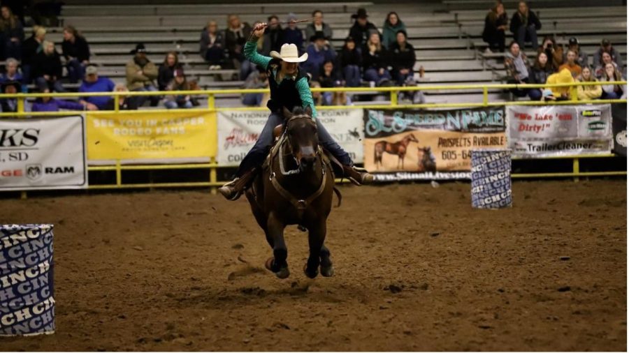 BHSU womens barrel racer (So. Tessa Caspers) competes in Sevens Down Arena, Spearfish, SD. Black Hills State Mens and Womens rodeo teams host 2022 Will Lantis Yellow Jacket Stampede.