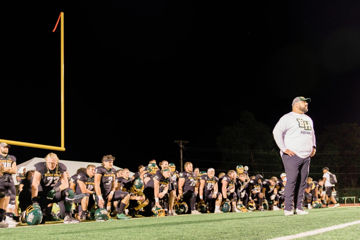 BHSU%0Ahead+football+coach+Josh+Breske+addresses+his+team+after+losing+Black+Hills+Brawl+to+SDSMT+Sept.+30.