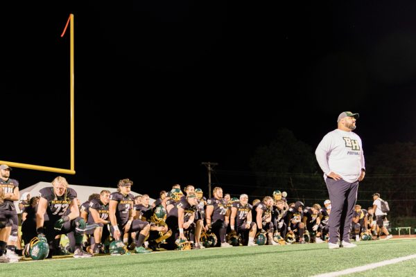 BHSU
head football coach Josh Breske addresses his team after losing Black Hills Brawl to SDSMT Sept. 30.