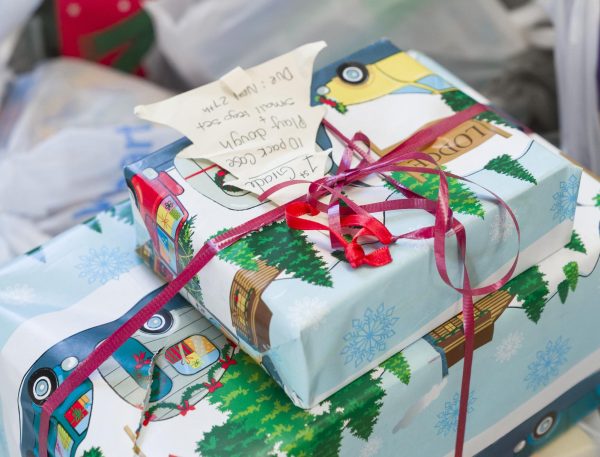 Presents wrapped for Lakota Omniciye gift exchange.