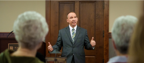 New BHSU President Steve Elliott addresses crowd at welcome reception at the Joy Center on Nov. 28.