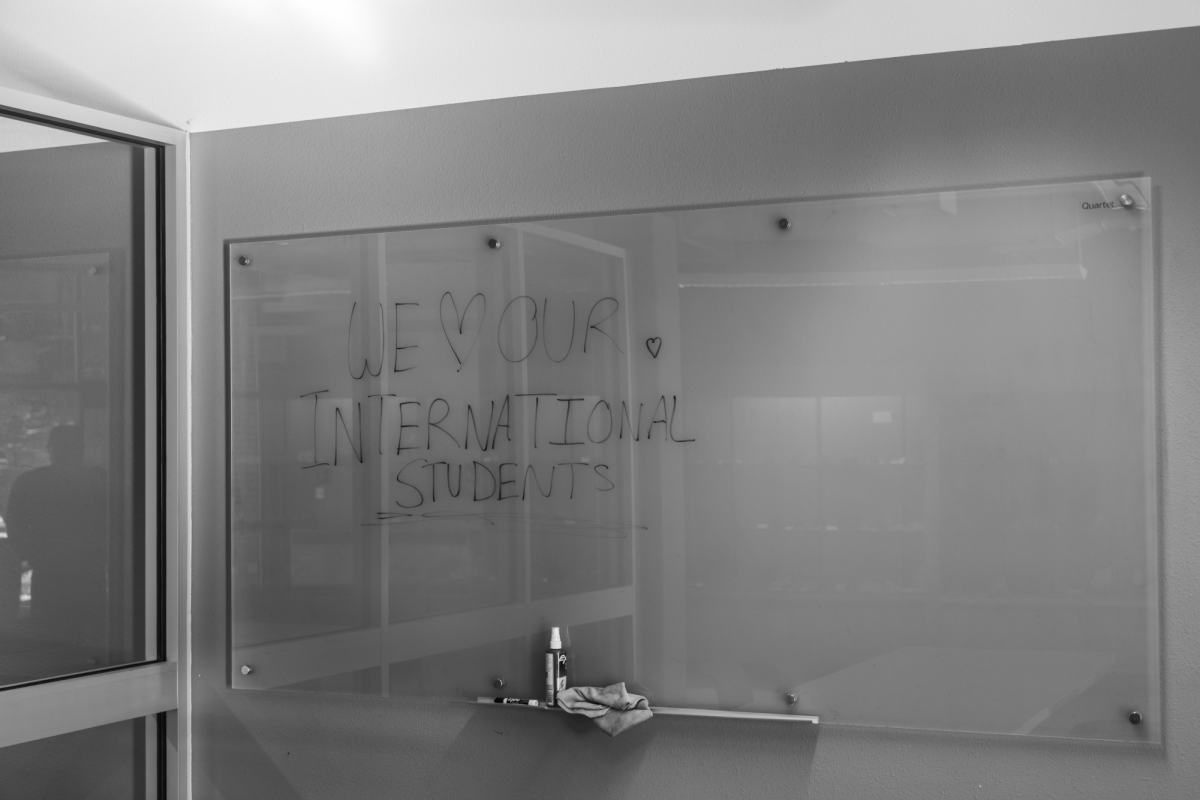 Students express their sentiments of support for the BHSU International Program in the Jonas Academic Building on campus.